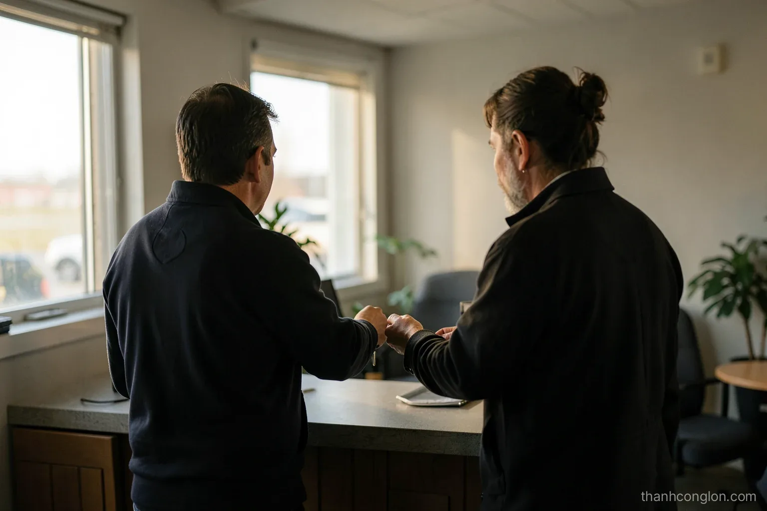 Rental car counter at a small airport in early morning, an attendant seen from behind handing a key to a traveler, soft window light