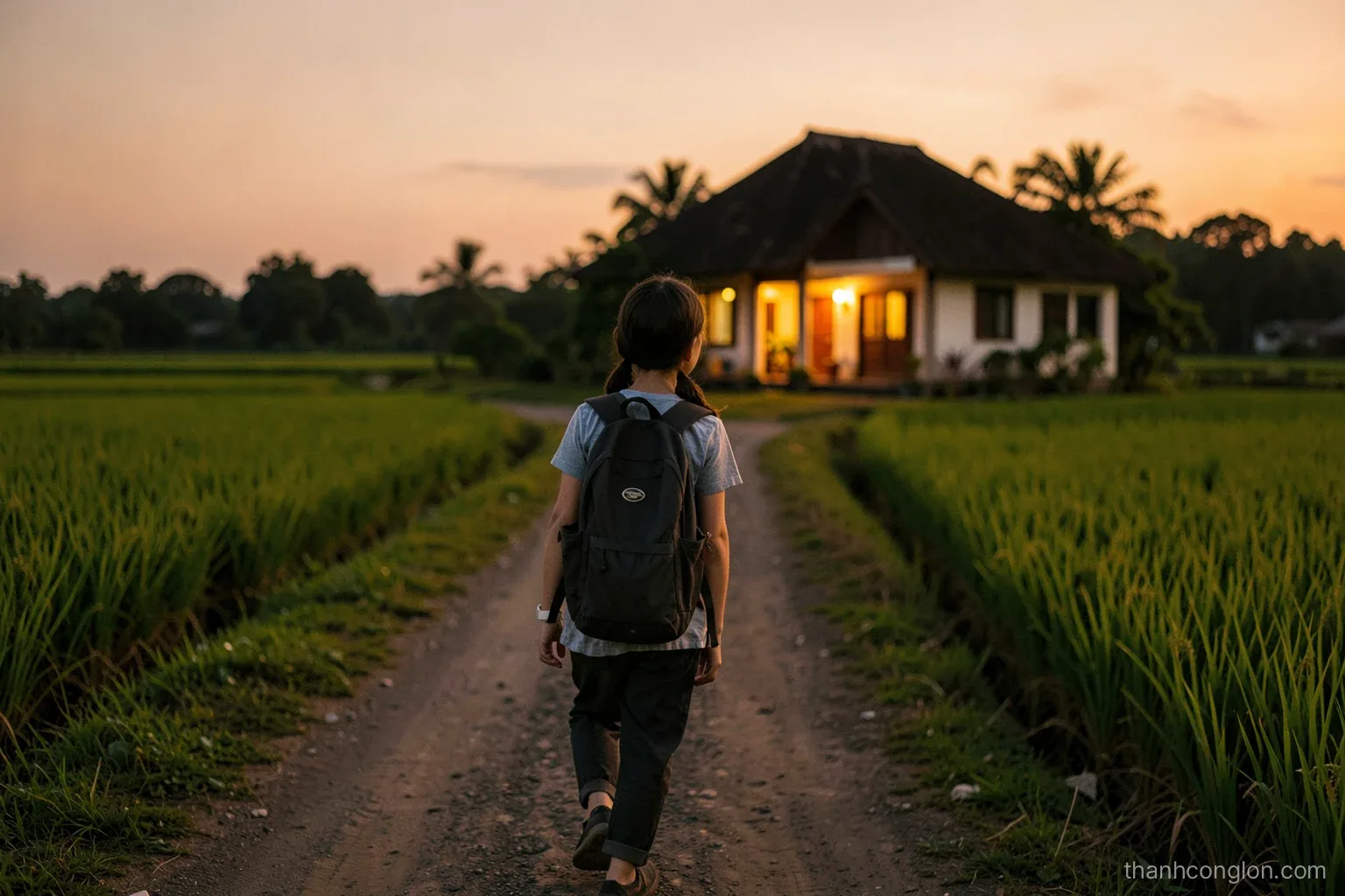 Young traveler seen from behind walking down a rural lane at dusk toward a lit family home, backpack on, rice fields, golden light