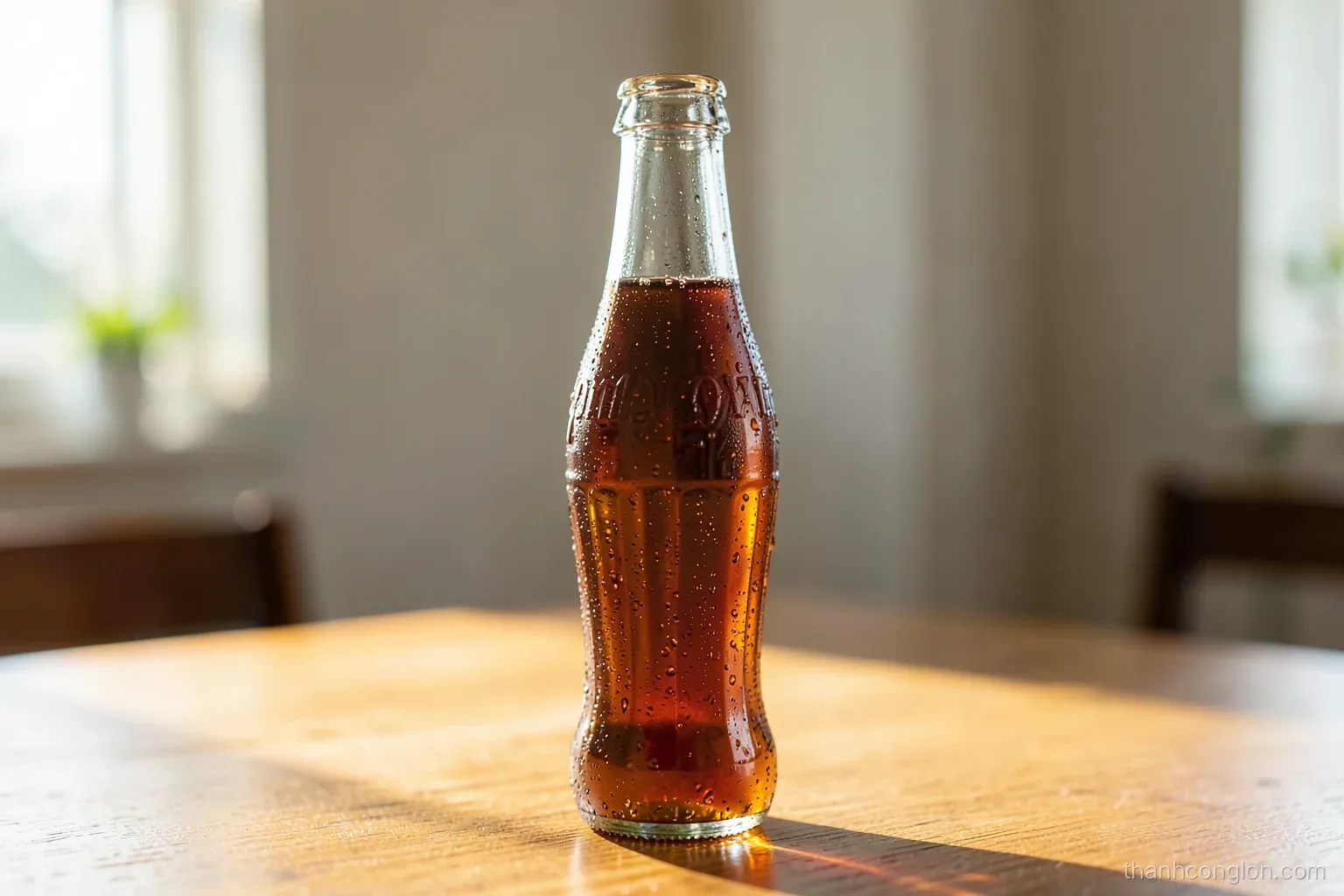 Close-up of a glass soda bottle with a curved contour silhouette standing on a sunlit wooden table, condensation droplets, shallow depth of field