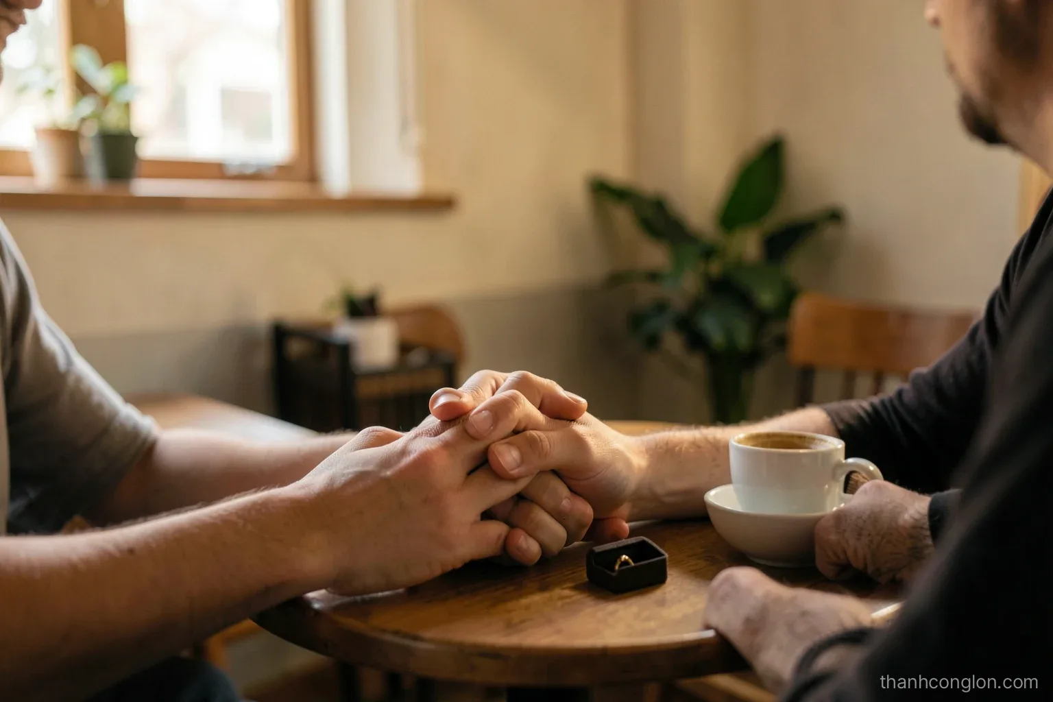 Two hands clasped across a small cafe table in warm evening light, a small closed ring box beside a coffee cup, faces out of frame