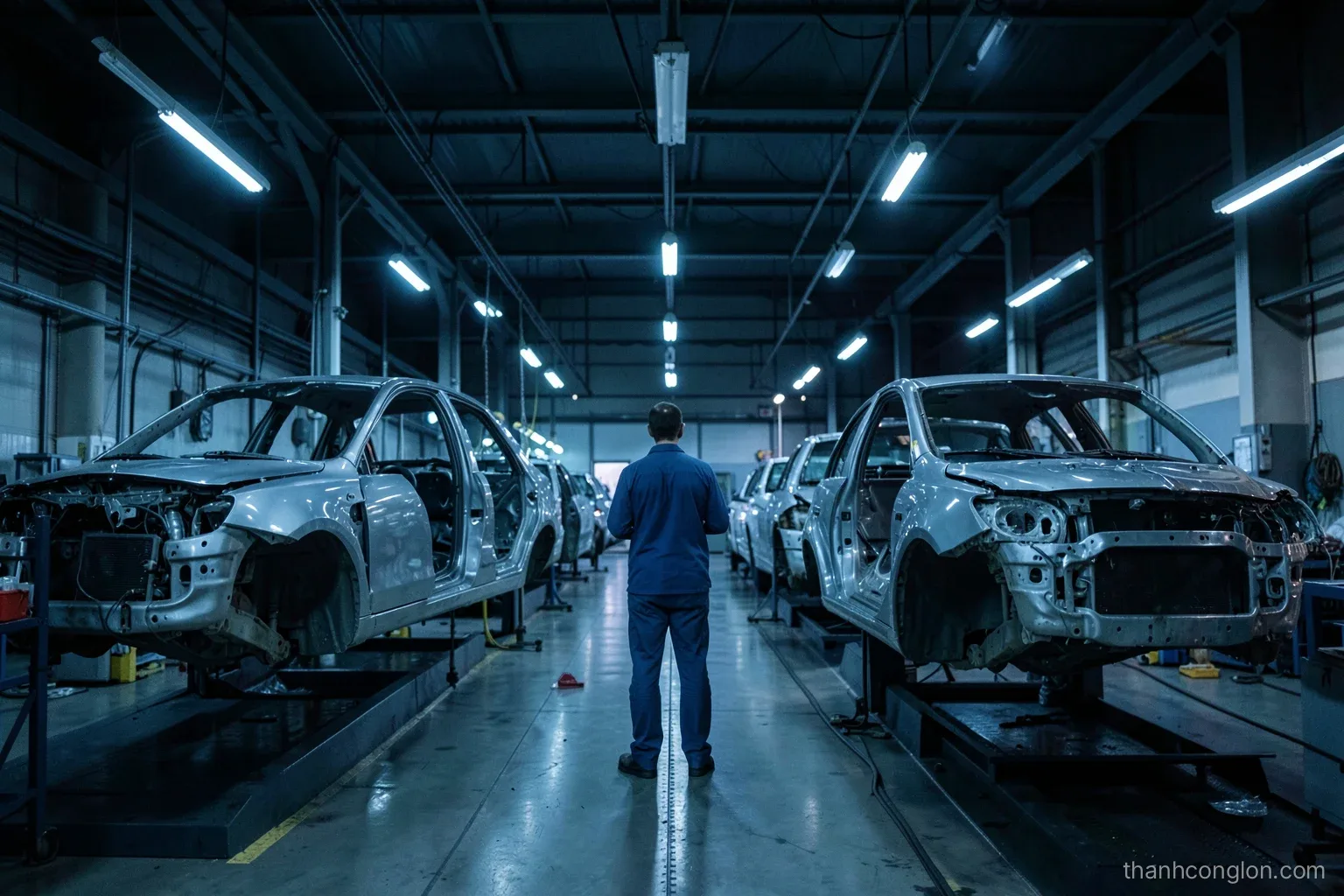 Wide shot of a quiet car assembly line at night with half-built vehicle frames under hanging lights, a single worker seen from behind, steel blue tones