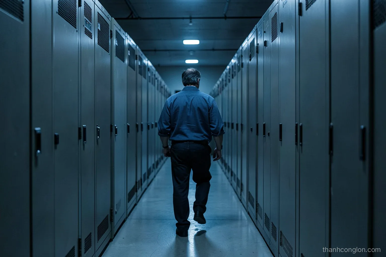 Long rows of old mainframe cabinets in a dim data hall, one technician seen from behind walking down the aisle, cool blue light and steel grey tones