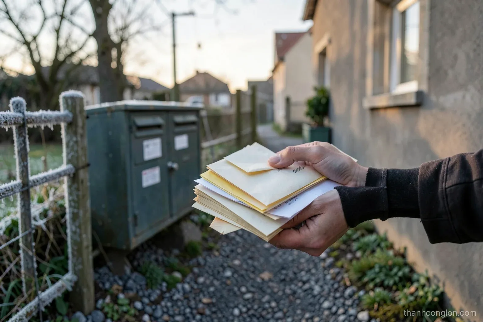 Rural mailbox at the end of a gravel road at dawn, a hand collecting a thick bundle of envelopes, frost on fence posts