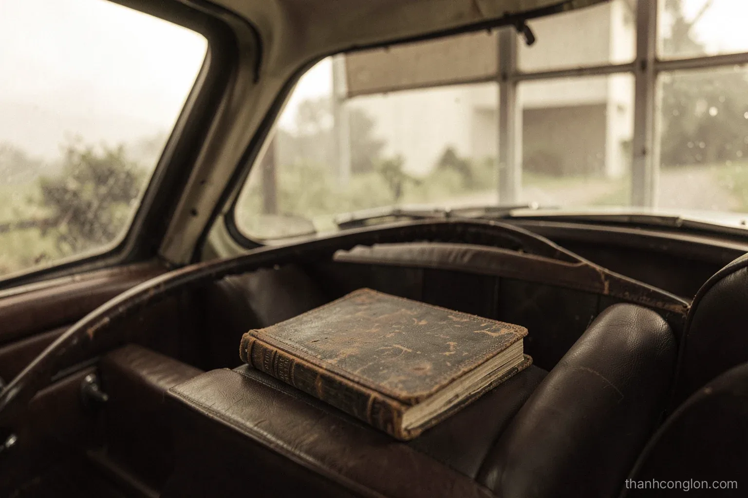 Weathered leather-bound guidebook lying closed on the passenger seat of a vintage open-top car on a country road, soft morning haze, sepia tones