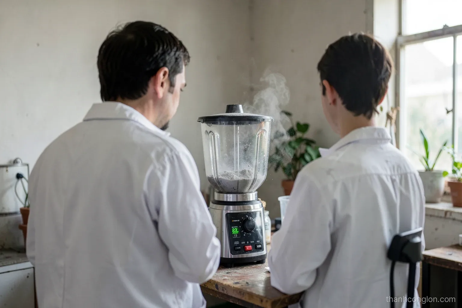 Industrial blender on a bare workbench in a small workshop, grey dust swirling in the jar, a man in a white coat seen from behind