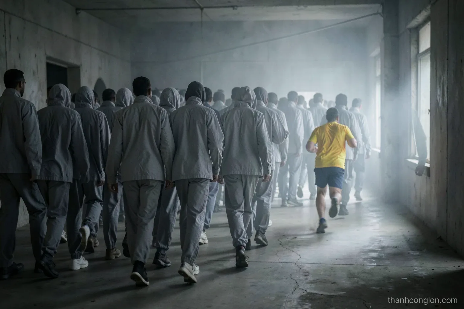 Rows of identical grey-clad figures seen from behind marching through a dim concrete hall, a single runner in bright clothing sprinting past them, cinematic haze