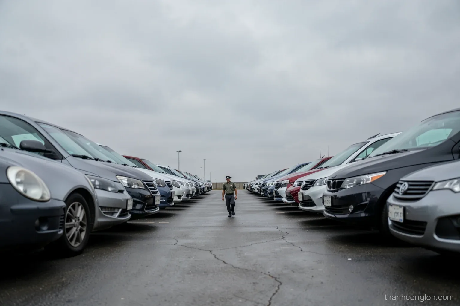 Low angle view of a row of identical cars parked in a vast empty storage lot under an overcast sky, a lone inspector walking between them, grey tones