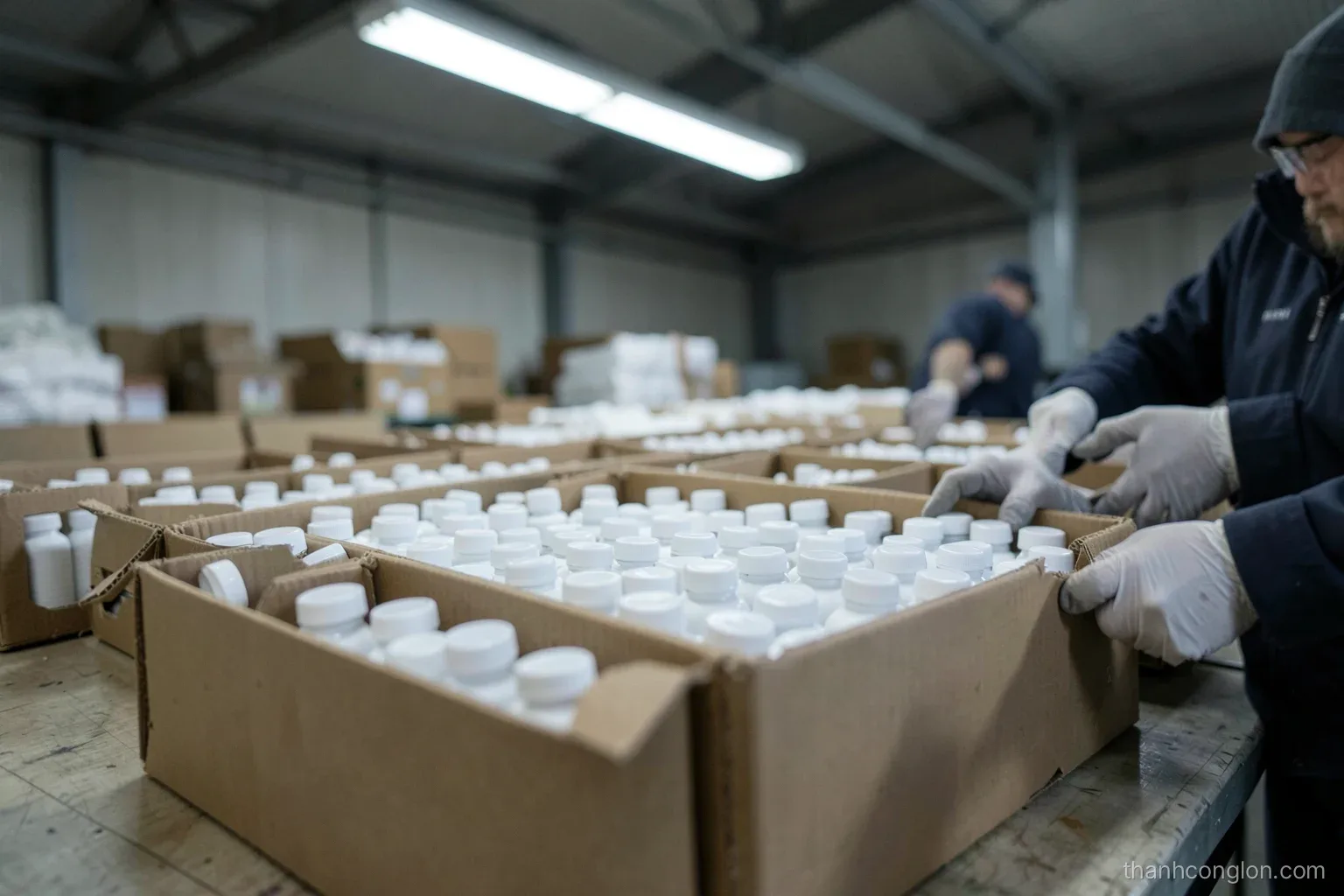 Rows of plain white medicine bottles being packed into cardboard cartons on a warehouse table by gloved hands, overhead fluorescent light, muted clinical tones